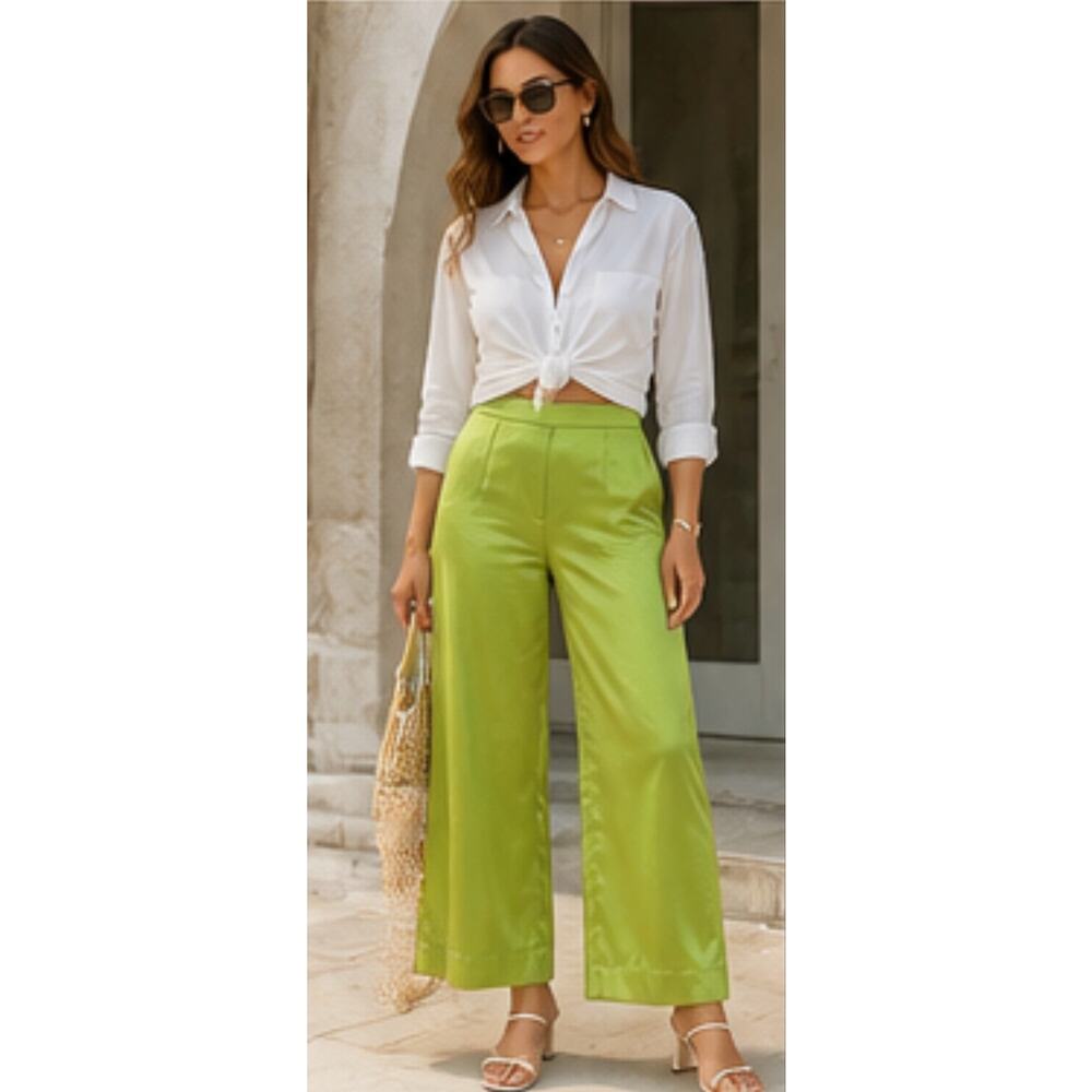 Staud Lime Green Wide Leg Pants Women’s 12 Stretch High‎ Rise Cropped Trousers
